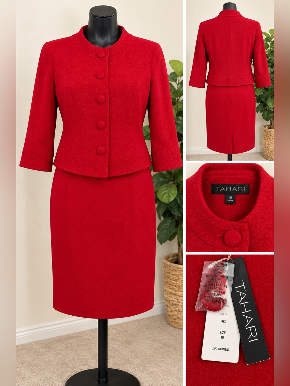 Tahari Red Tailored Two-Piece Pencil Skirt Suit